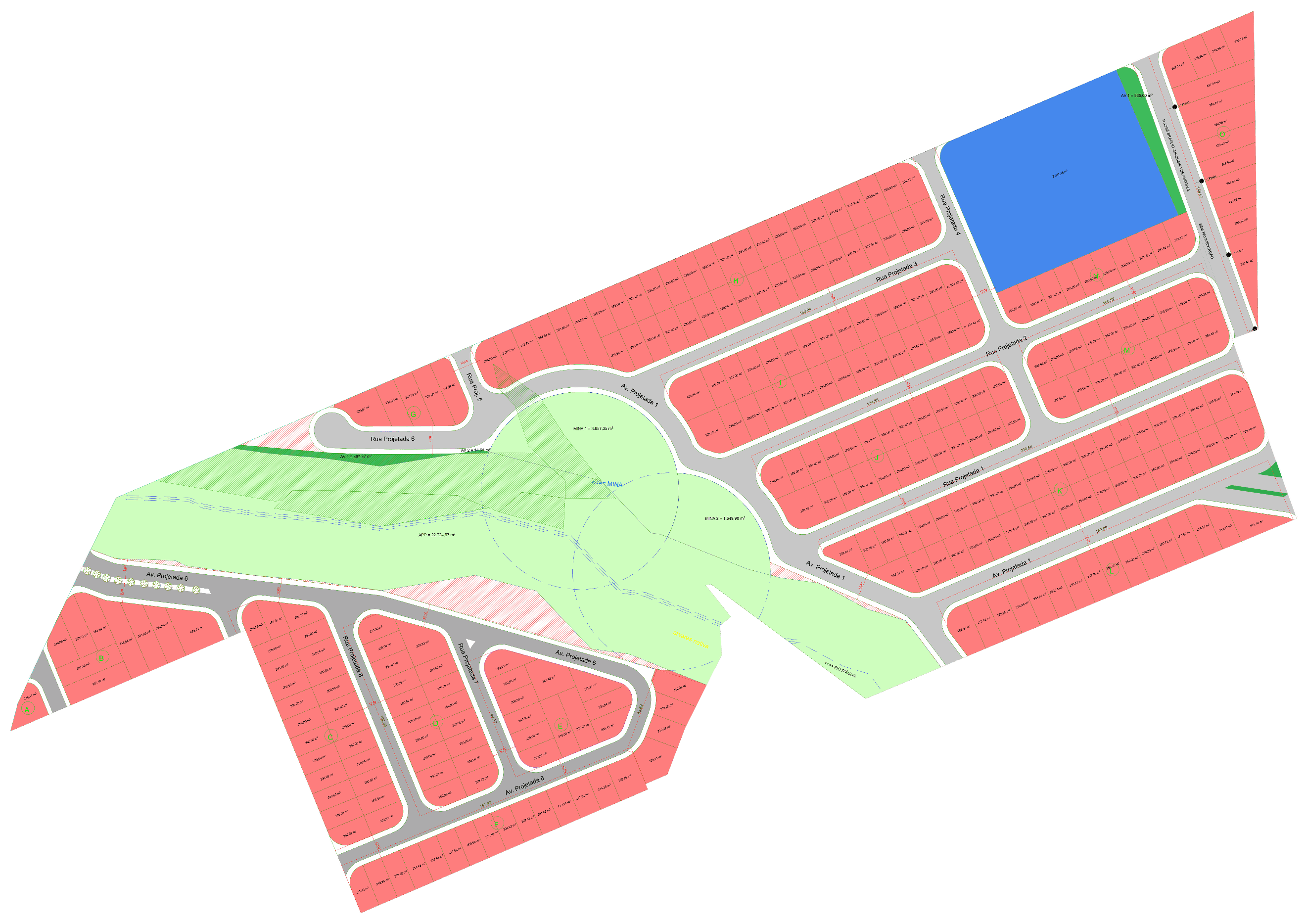 Planta do loteamento: quadras em vermelho, ruas em cinza, área verde e APP em verde e área institucional em azul, com o norte para cima