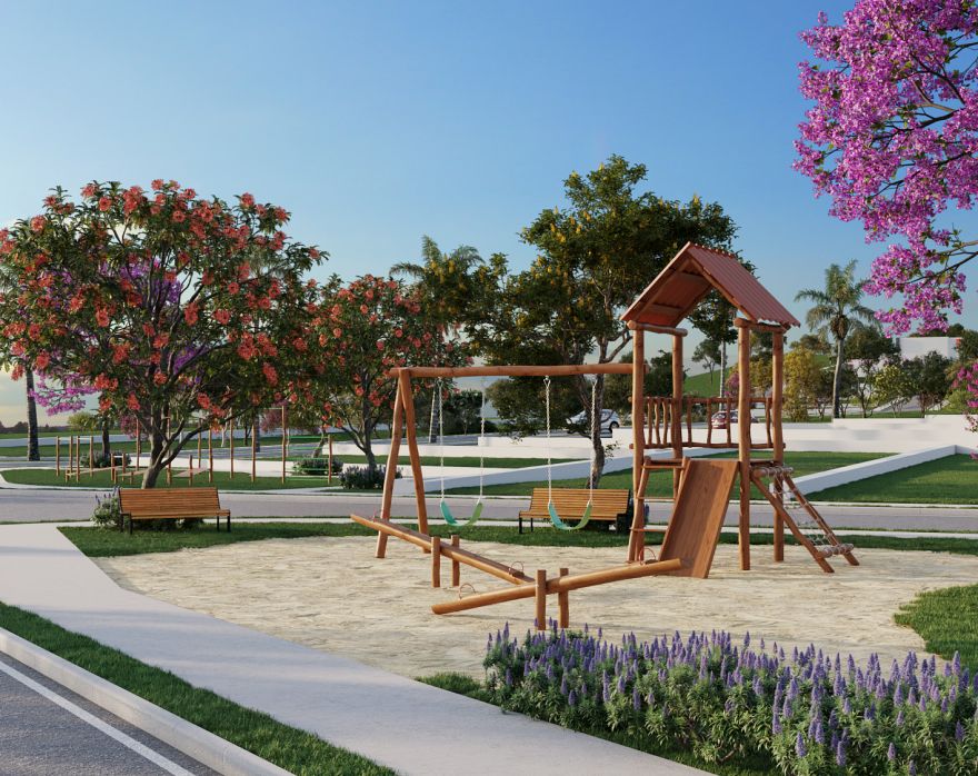 Ilustração de playground de madeira sobre areia, com bancos e árvores floridas ao redor